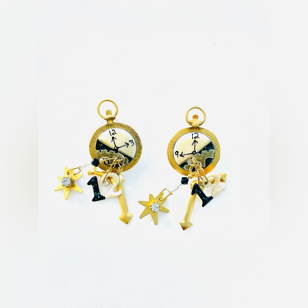 Vintage Authentic Lunch At The Ritz Earrings Clock With Charms Goldtone